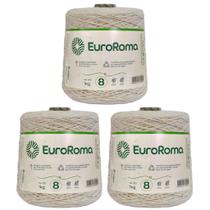 Kit 3 Cones Barbante Euroroma Cru 1kg Fio Ordem 8 para Crochê, Tricô, Macramê, Tear, Tapeçaria e Artesanato