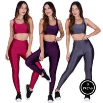Kit 3 Conj. Fitness 3D Top Bojo Removível e Legging Cintura Alta - c15 KIT 3 BÁRBARA PINK ROXO CINZA Kit 3 Conj. Fitness 3D Top Bojo Removível e Legging Cintura Alta - c15 KIT 3 BÁRBARA PINK ROXO CINZA