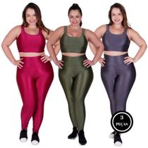 Kit 3 Conj. Fitness Plus Size Top e Legging Cintura Alta - c15 KIT 3 BÁRBARA PLUS CINZA PINK PRETO Kit 3 Conj. Fitness Plus Size Top e Legging Cintura Alta - c15 KIT 3 BÁRBARA PLUS CINZA PINK PRETO