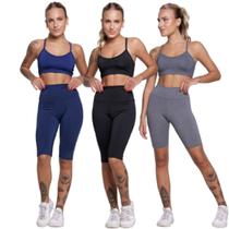 KIT 3 Conjunto Bermuda Ciclista E Top Alça Fina WLS Modas Roupa Para Academia Moda Fitness