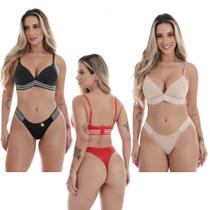 Kit 3 Conjunto calcinha soutien com Bojo Top Flex Super Macio Confortável Elastico Listrado 10228
