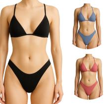 Kit 3 Conjunto De Biquini Cortininha Canelado De Amarrar Calcinha Asa Delta Sutiã Sem Bojo