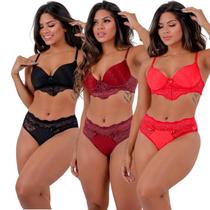 kit 3 conjunto de langerie feminino calcinha e sutia com bojo renda roupa intima feminina atacado - Empório da Roupa