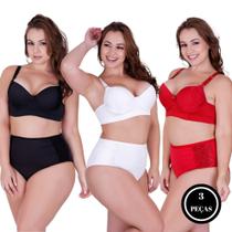 Kit 3 Conjunto de Lingerie Plus Size Calcinha Cós Alta - KIT 3 DANI PRETO BRANCO VERMELHO