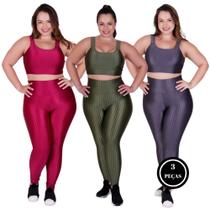 Kit 3 Conjunto Fitness Plus Size Top e Legging 46 48 50 - KIT 3 BÁRBARA CINZA PINK VERDE MILITAR