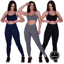 Kit 3 Conjunto Fitness Suplex Liso Academia - c8 KIT 3 ANA + DEBI MARINHO PRETO E CINZA