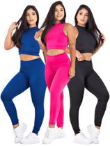 Kit 3 Conjunto Fitness Top + Calça Suplex Feminina Legging MAG853_900