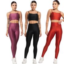 KIT 3 Conjunto Fitness Top e Calça Esmeralda Bella Fiore Roupa Academia Treino Feminina Musculação Tamanho:MCor:Roxo+Ve