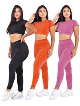Kit 3 Conjunto Fitness Top Manga + Calça Legging Basica MAG853_901
