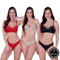 Kit 3 Conjunto Lingerie Básico Sutiã Liso Tanga Conforto -c3 KIT 3 CONJ. BÁSICO VERMELHO BEGE PRETO