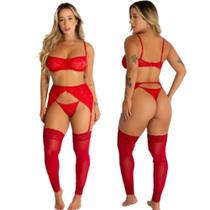 Kit 3 Conjunto Lingerie Cinta Liga Feminino De Renda Completo Meia Calça De Perna Fantasia