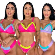 Kit 3 Conjunto Lingerie Renda Sem Bojo Luxo Neon Sutiã E Calcinha Feminino Adulto