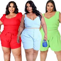 Kit 3 Conjunto mulher moda plus size liso blusinha e short