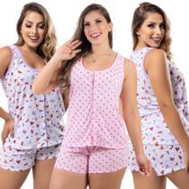 Kit 3 Conjunto pijama regata roupa feminina de dormir