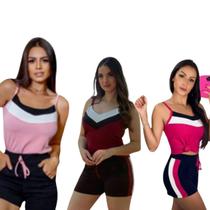 Kit 3 Conjunto Regata com Short Moletinho Feminino EM Malha Crepe