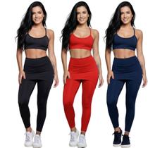 KIT 3 Conjunto Top Alça Fina E Calça Saia Suplex Bella Fiore Roupa Para Academia Fitness Musculação Tamanho:MCor:Preto+