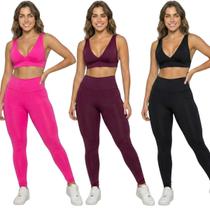 KIT 3 Conjunto Top Bojo Costa Cruzada e Calça Suplex Bella Fiore Roupa Academia Fitness Musculação Tamanho:GCor:Rosa+Vi
