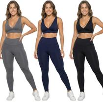 KIT 3 Conjunto Top Bojo Costa Cruzada e Calça Suplex Bella Fiore Roupa Academia Fitness Musculação Tamanho:PCor:Cinza+M