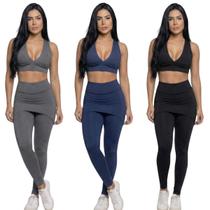 KIT 3 Conjunto Top Bojo e Calça Saia Bella Fiore Tapa Bumbum Roupa Para Academia Fitness Musculação Tamanho:GCor:Cinza+