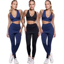 KIT 3 Conjunto Top Bojo e Calça Saia Bella Fiore Tapa Bumbum Roupa Para Academia Moda Fitness