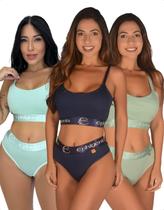 Kit 3 Conjunto Top Calcinha Canelado Conforto Elástico Largo Sustentação Esporte Academia
