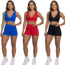 KIT 3 Conjunto Top Com Bojo E Short Suplex Bella Fiore Roupa Para Academia Moda Fitness Musculação Tamanho:MCor:Azul+Ve