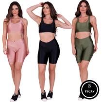 Kit 3 Conjunto Top e Bermuda 3D Academia Fitness Bruna PRETO ROSÊ VERDE MUSGO