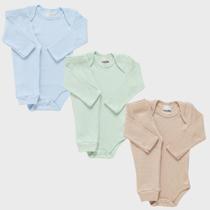 Kit 3 Conjuntos Body Bebê Manga Longa + Calça Canelado Enxoval Maternidade 100% Algodão RN ao 1