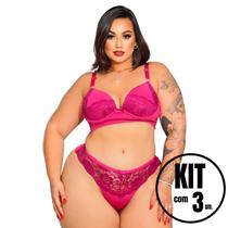 Kit 3 Conjuntos Calcinha e Sutiã Plus Size Fio Dental Rendado Fio Duplo