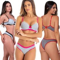 Kit 3 Conjuntos Com Bojo Mescla Algodão Rendado Lingerie