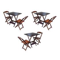 Kit 3 Conjuntos de Mesa Dobravel com 2 Cadeiras de Madeira 70x70 para Restaurante e Bar - Imbuia