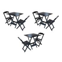 Kit 3 Conjuntos de Mesa Dobravel com 2 Cadeiras de Madeira 70x70 para Restaurante e Bar - Preto