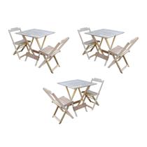 Kit 3 Conjuntos de Mesa Dobravel com 2 Cadeiras de Madeira 70x70 para Restaurante e Bar - sem Pintur