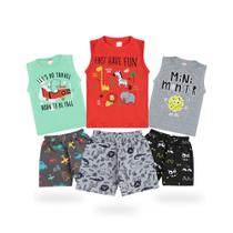 Kit 3 Conjuntos de Regatas Infantil Masculino Roupas Shorts em Moletinho Estampado