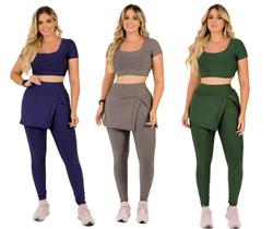 Kit 3 Conjuntos Feminino Fitness Calça Legging Saia Abertura Fenda Lateral Com Bolso e Top Cropped Academia The Start