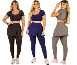 Kit 3 Conjuntos Feminino Fitness Calça Legging Saia Abertura Fenda Lateral Com Bolso e Top Cropped Academia The Start