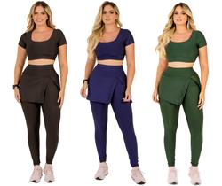 Kit 3 Conjuntos Feminino Fitness Calça Legging Saia Abertura Fenda Lateral Com Bolso e Top Cropped Academia The Start