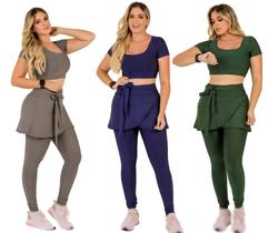 Kit 3 Conjuntos Feminino Fitness Calça Legging Saia Com Bolso e Top Cropped Academia Caminhada Moda Evangélica The Start