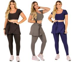 Kit 3 Conjuntos Feminino Fitness Calça Legging Saia Com Bolso e Top Cropped Academia Caminhada Moda Evangélica The Start