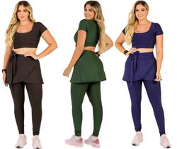 Kit 3 Conjuntos Feminino Fitness Calça Legging Saia Com Bolso e Top Cropped Academia Caminhada Moda Evangélica The Start Kit 3 Conjuntos Feminino Fitness Calça Legging Saia Com Bolso e Top Cropped Academia Caminhada Moda Evangélica The Start