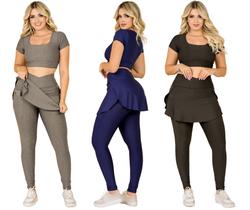 Kit 3 Conjuntos Feminino Fitness Calça Legging Saia Com Bolso e Top Cropped Treino Academia Caminhada The Start Kit 3 Conjuntos Feminino Fitness Calça Legging Saia Com Bolso e Top Cropped Treino Academia Caminhada The Start