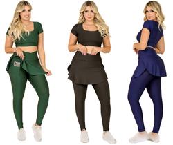 Kit 3 Conjuntos Feminino Fitness Calça Legging Saia Com Bolso e Top Cropped Treino Academia Caminhada The Start