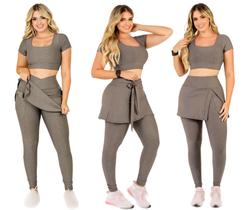 Kit 3 Conjuntos Feminino Fitness Moda Evangélica Calça Legging Saia Com Bolso e Top Cropped Treino Academia The Start