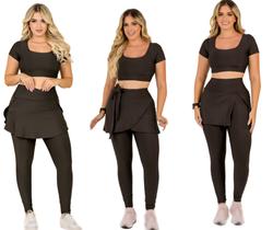 Kit 3 Conjuntos Feminino Fitness Moda Evangélica Calça Legging Saia Com Bolso e Top Cropped Treino Academia The Start