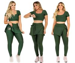 Kit 3 Conjuntos Feminino Fitness Moda Evangélica Calça Legging Saia Com Bolso e Top Cropped Treino Academia The Start