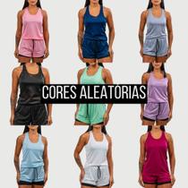 KIT 3 Conjuntos Feminino Fitness Regata Nadador + Short com Bermuda de Compressão e Bolso Oculto