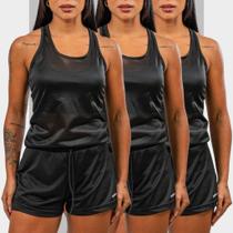 KIT 3 Conjuntos Feminino Fitness Regata Nadador + Short com Bermuda de Compressão e Bolso Oculto