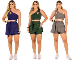 Kit 3 Conjuntos Feminino Short Saia Com Bolso e Top Cropped Fitness Modesta Beach Tennis Academia Treino The Start