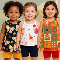Kit 3 Conjuntos Infantil Menina Blusa Regata e Short Kyly