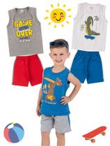 Kit 3 Conjuntos Infantil Menino Verão Camiseta Regata em Meia Malha e Bermuda em Moletinho com Elástico Kit 3 Conjuntos Infantil Menino Verão Camiseta Regata em Meia Malha e Bermuda em Moletinho com Elástico
